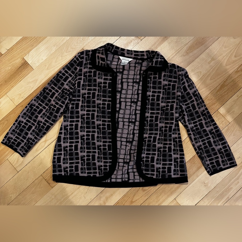 Misook Black and Purple Patterned Collared Open Cardigan Size XL